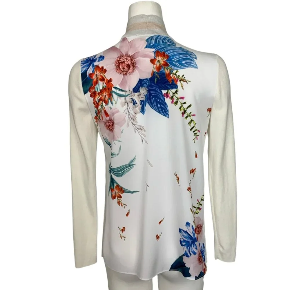 Ted Baker Cream Floral-Back Cardigan with Pastel Stripe Trim, Size 1